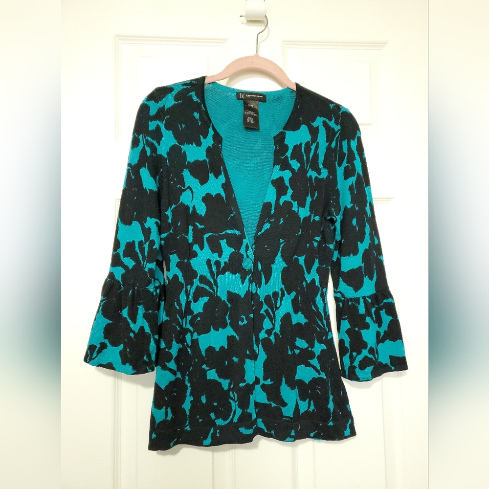 INC International Concepts silk cotton cardigan PM Petite Medium teal floral